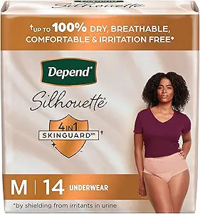 Depend Silhouette Adult Incontinence & Postpartum Bladder Leak Underwear for Women, Maximum Absorbency, Medium, Pink, 14 Count, Packaging May Vary