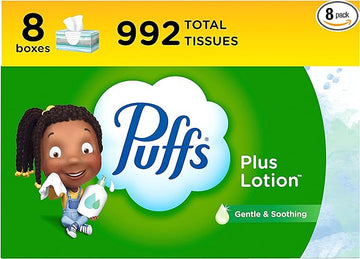 Puffs Plus Lotion Facial Tissues, 8 Family Boxes, 124 Facial Tissues per Box, Allergies and Colds