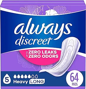 Always Discreet Adult Incontinence Pads for Women, Heavy Absorbency, Long Length, Postpartum Pads, 64 CT